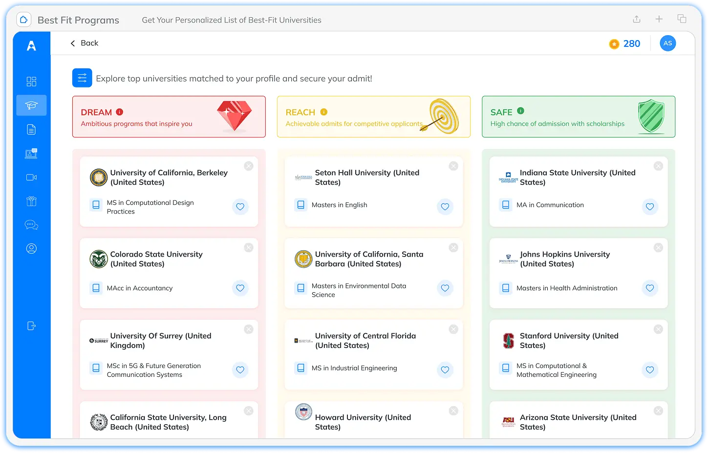 AI university shortlisting tool showing Dream, Reach, and Safe study abroad options