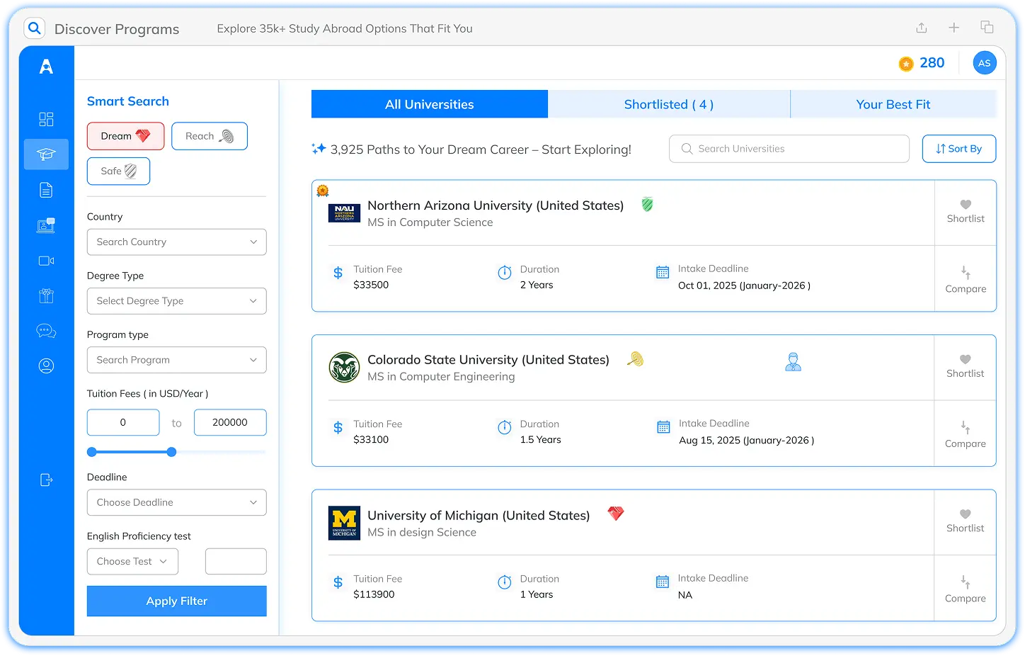 Study abroad program finder with filters for country, degree, and tuition fees
